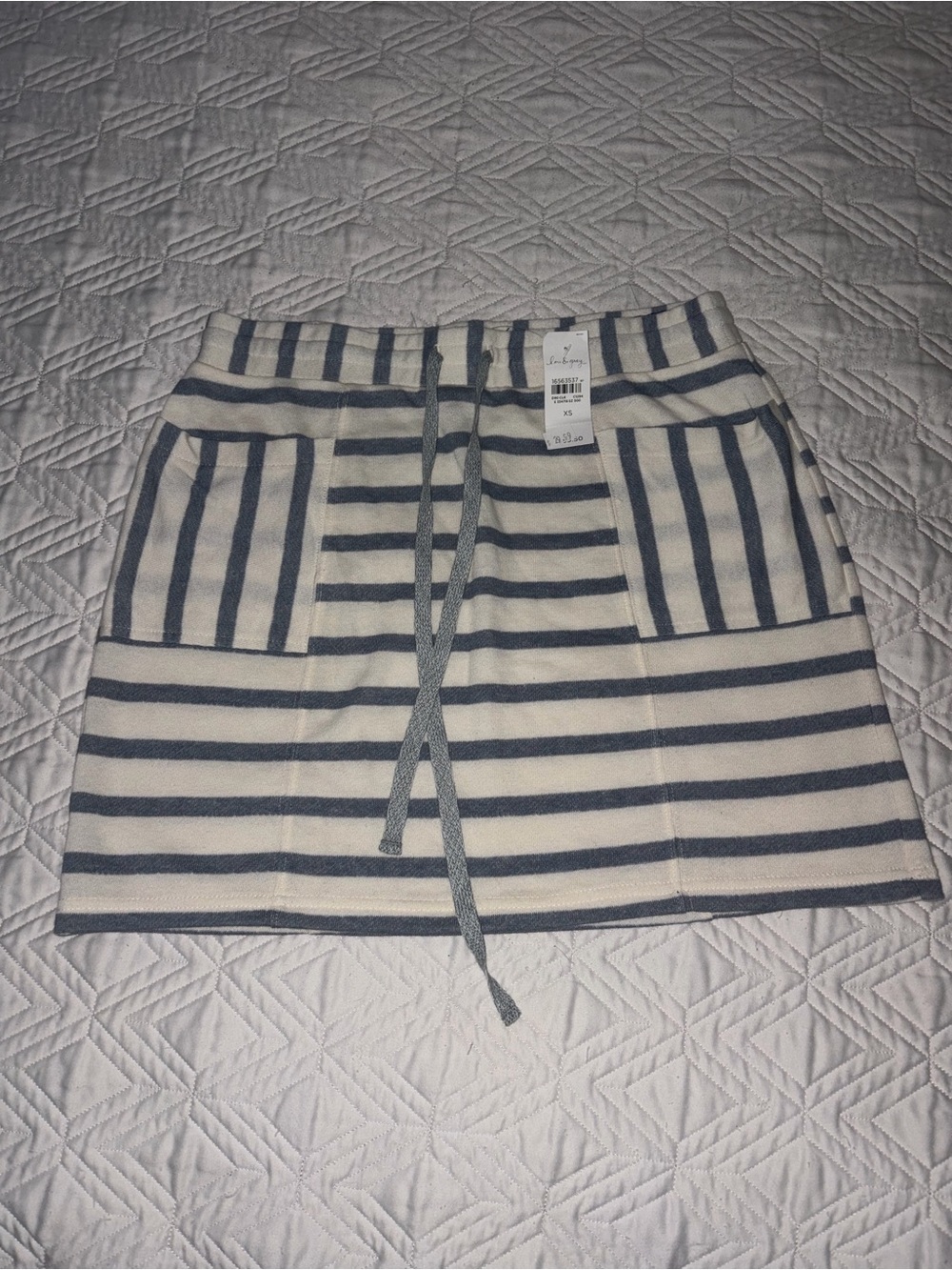 Lou & Grey White & Blue Striped Knit Drawstring Mini Skirt XS NWT